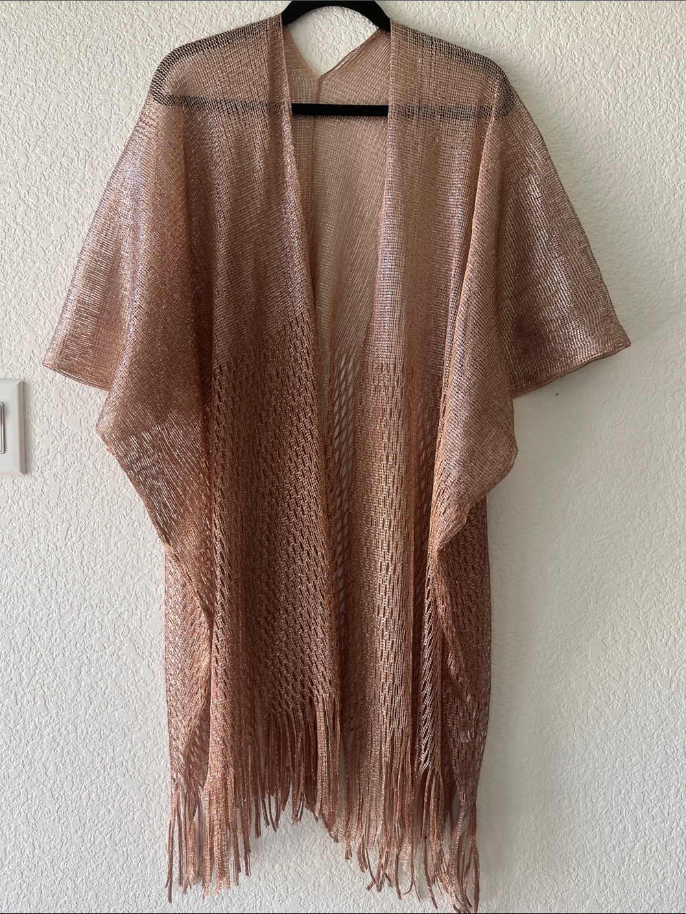 Sheer Metallic Fringe Kimono Cardigan - Rose Bronze